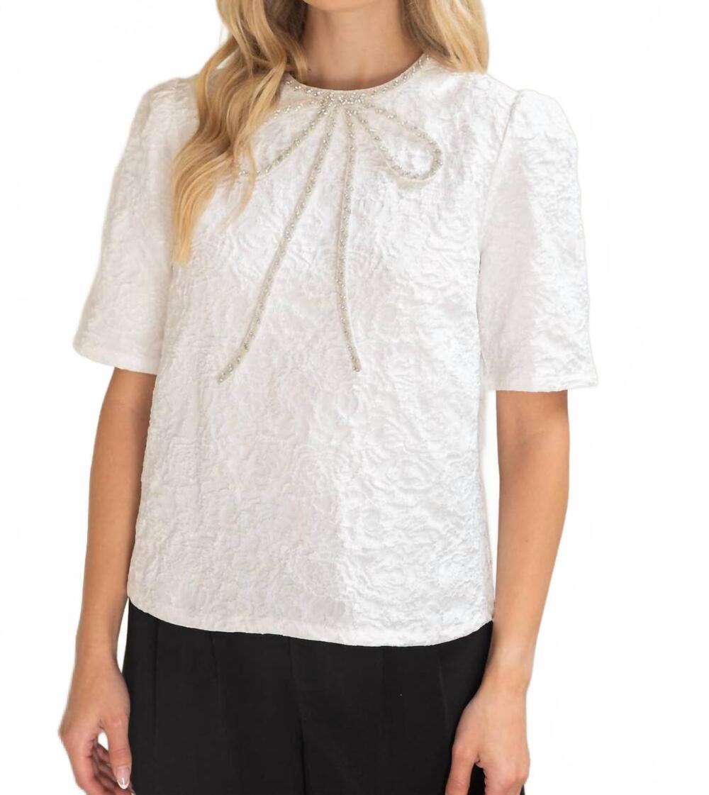 NEW VOY rhinestone bow shape floral jacquard top in white